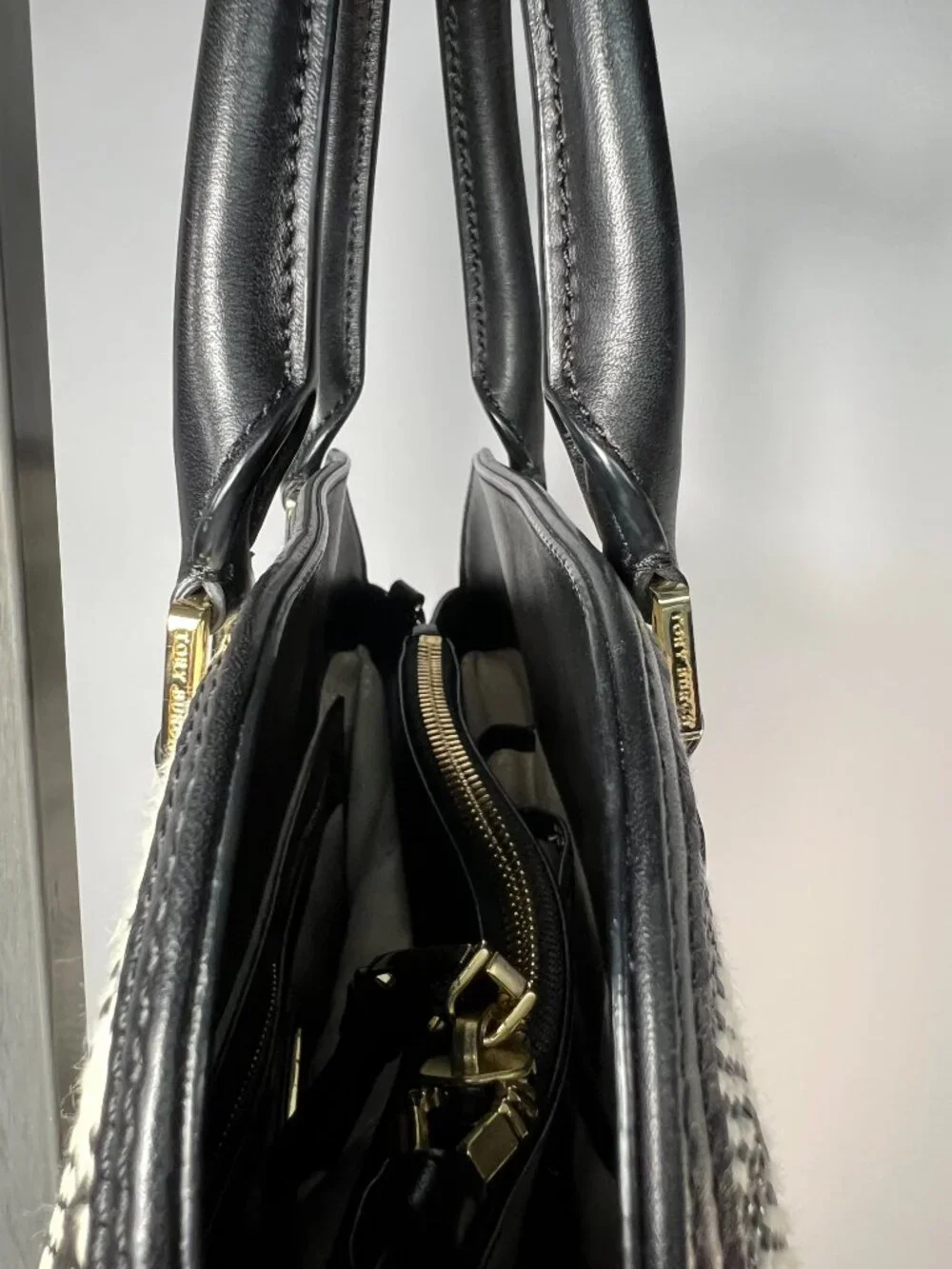 TORY‎ BURCH Robinson Woven Plaid Open Dome Satchel - Black/Beige/White